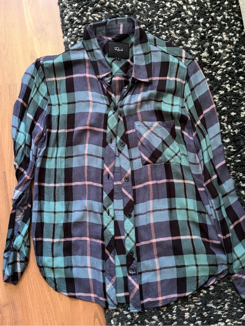 Rails Plaid Button-Up Shirt in Teal, Black & Pink